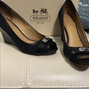 Coach Black Leather Wedge Peep Toe Shoes